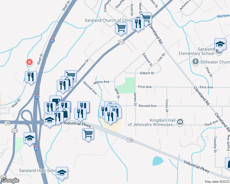 map of restaurants, bars, coffee shops, grocery stores, and more near 719 Mae Street in Saraland
