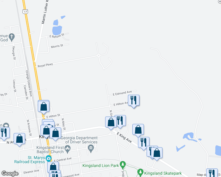 map of restaurants, bars, coffee shops, grocery stores, and more near 406 North Grove Boulevard in Kingsland