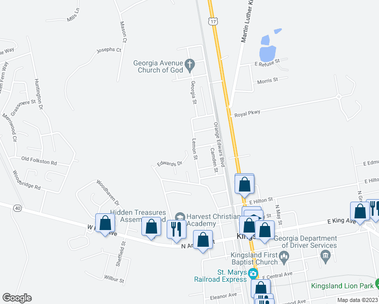 map of restaurants, bars, coffee shops, grocery stores, and more near 128 Edwards Drive in Kingsland