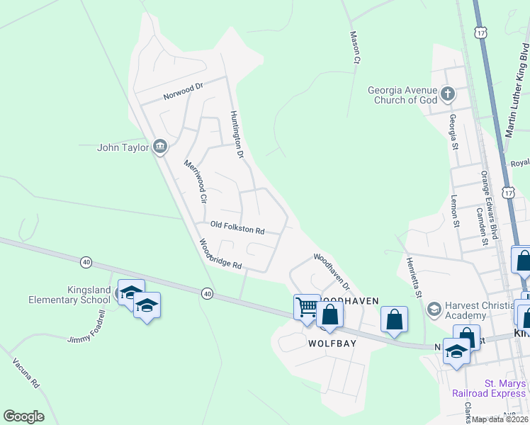 map of restaurants, bars, coffee shops, grocery stores, and more near 106 Old Folkston Road in Kingsland