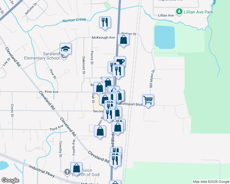 map of restaurants, bars, coffee shops, grocery stores, and more near 600 Saraland Boulevard South in Saraland