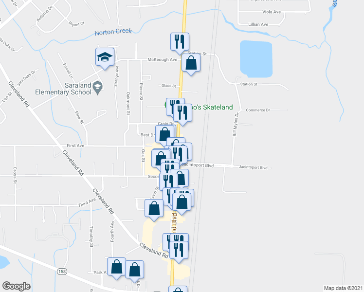map of restaurants, bars, coffee shops, grocery stores, and more near 700 Saraland Boulevard South in Saraland