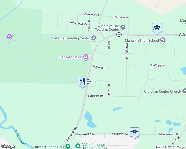 map of restaurants, bars, coffee shops, grocery stores, and more near 3326 Caverns Rd in Marianna
