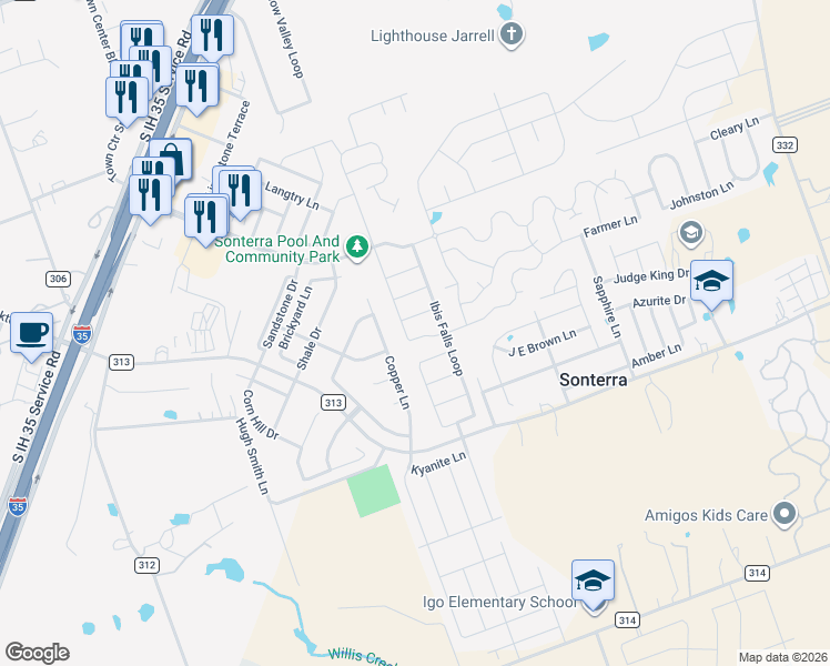 map of restaurants, bars, coffee shops, grocery stores, and more near 5208 Cressler Lane in Jarrell