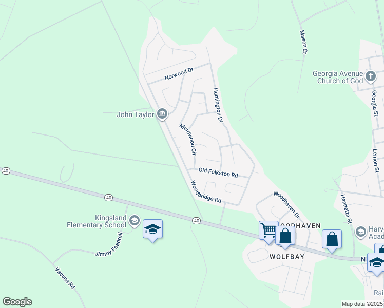 map of restaurants, bars, coffee shops, grocery stores, and more near 204 Merriwood Circle in Kingsland