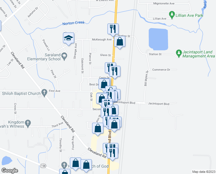 map of restaurants, bars, coffee shops, grocery stores, and more near 627 U.S. 43 in Saraland