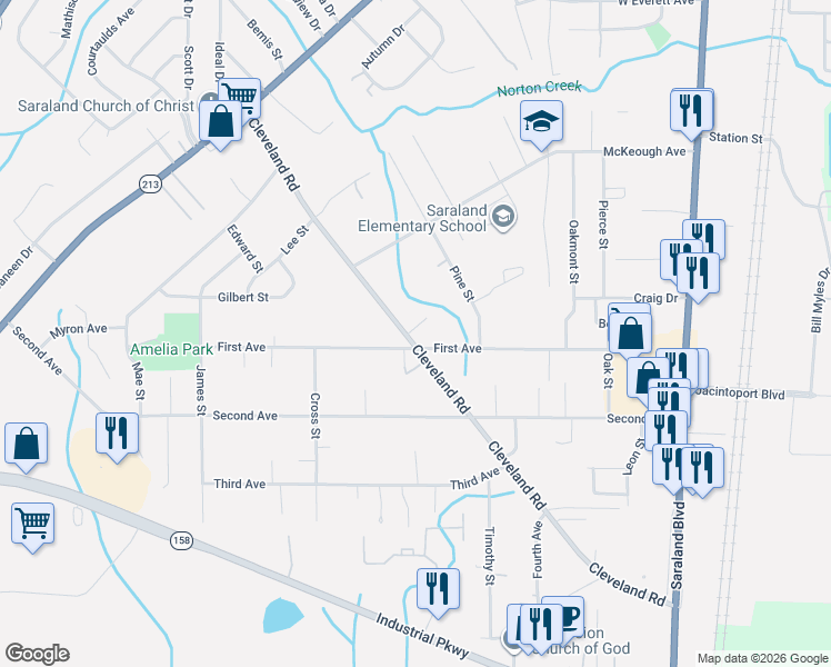 map of restaurants, bars, coffee shops, grocery stores, and more near 400 Vicks Lane in Saraland