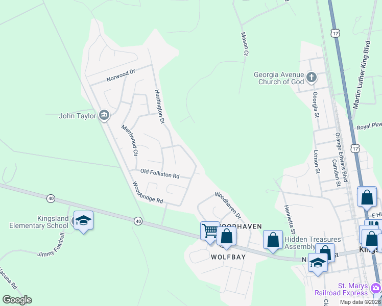 map of restaurants, bars, coffee shops, grocery stores, and more near 504 Woodbridge Road in Kingsland