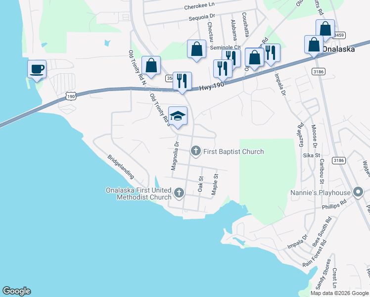 map of restaurants, bars, coffee shops, grocery stores, and more near 128 Mineola in Onalaska