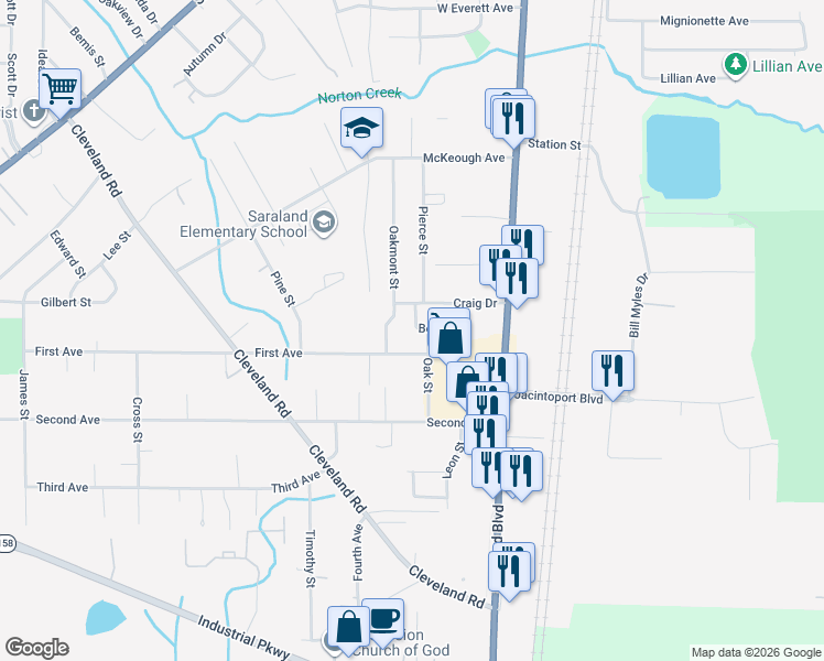 map of restaurants, bars, coffee shops, grocery stores, and more near 115 Best Drive in Saraland