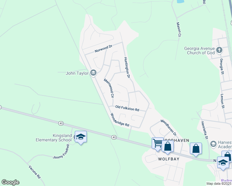 map of restaurants, bars, coffee shops, grocery stores, and more near 203 Ridgemont Court in Kingsland