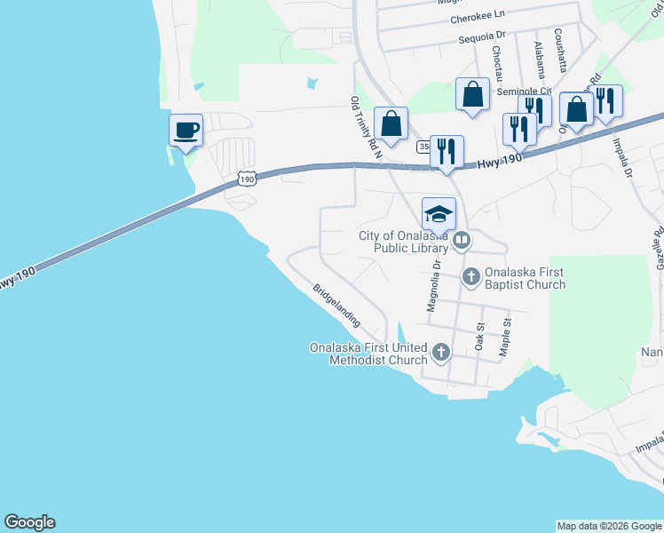 map of restaurants, bars, coffee shops, grocery stores, and more near 497 Bridgeview Drive in Onalaska