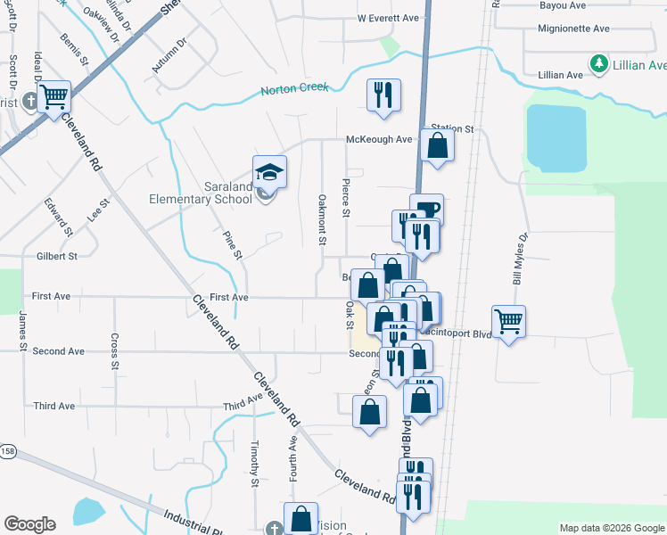 map of restaurants, bars, coffee shops, grocery stores, and more near 115 Best Dr in Saraland