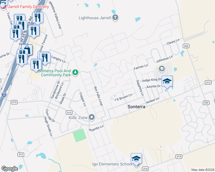 map of restaurants, bars, coffee shops, grocery stores, and more near 309 Wincliff Ln in Jarrell