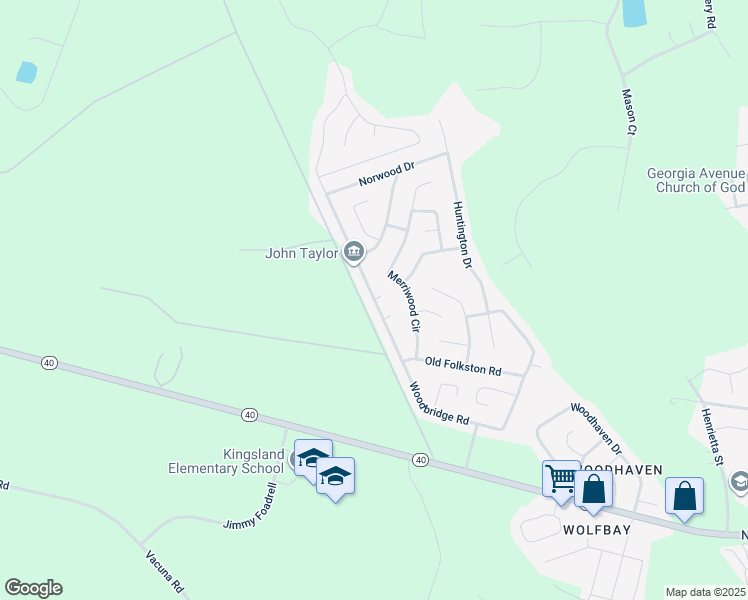 map of restaurants, bars, coffee shops, grocery stores, and more near Woodbridge Road in Kingsland