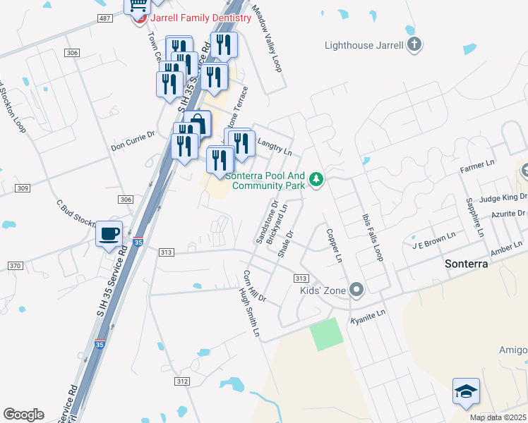map of restaurants, bars, coffee shops, grocery stores, and more near 112 G H Sandstone Drive in Jarrell