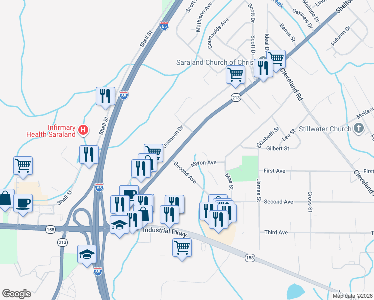 map of restaurants, bars, coffee shops, grocery stores, and more near 1001 Shelton Beach Rd in Saraland