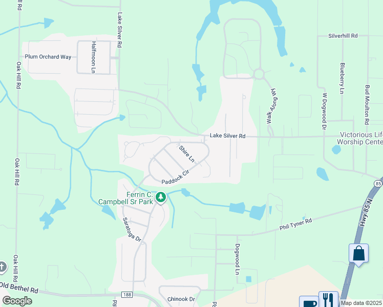 map of restaurants, bars, coffee shops, grocery stores, and more near 6215 Shire Lane in Crestview