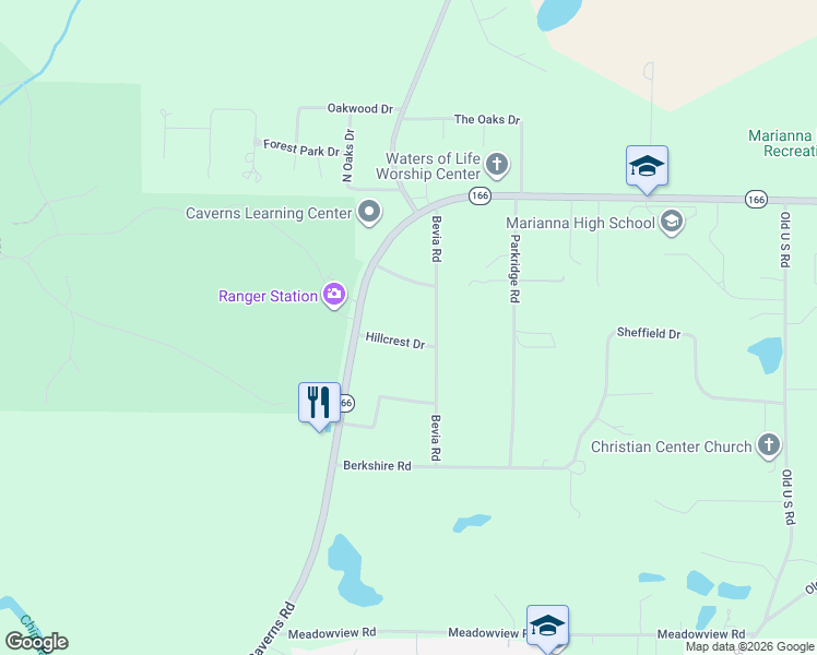 map of restaurants, bars, coffee shops, grocery stores, and more near 2962 Hillcrest Drive in Marianna