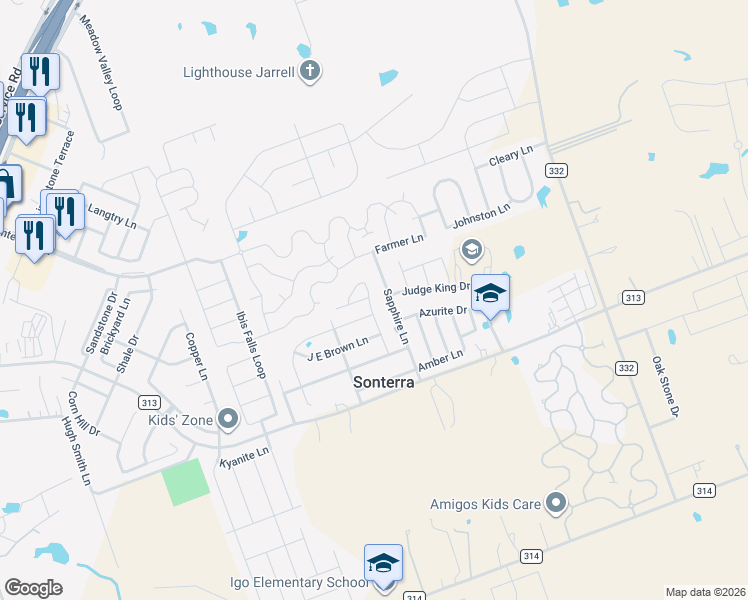 map of restaurants, bars, coffee shops, grocery stores, and more near 208 Sapphire Lane in Jarrell