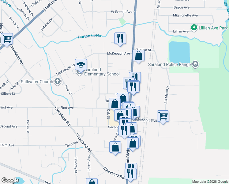 map of restaurants, bars, coffee shops, grocery stores, and more near 32 Craig Drive in Saraland