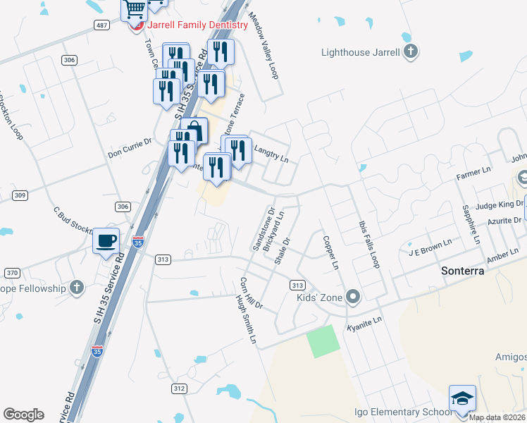 map of restaurants, bars, coffee shops, grocery stores, and more near 112 G H Sandstone Drive in Jarrell