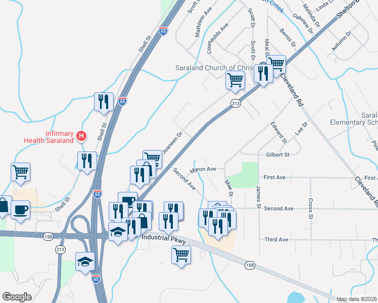 map of restaurants, bars, coffee shops, grocery stores, and more near 925-1001 Shelton Beach Rd in Saraland