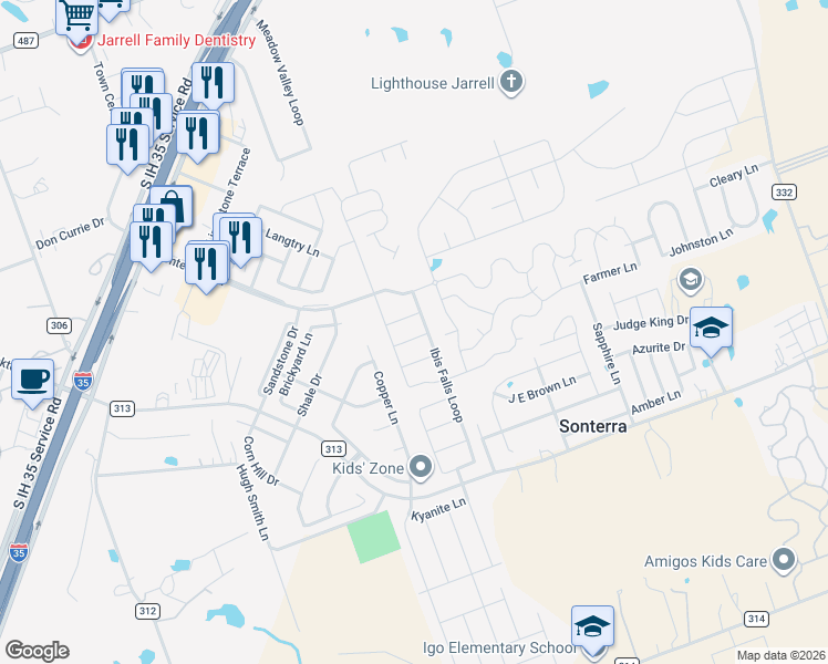 map of restaurants, bars, coffee shops, grocery stores, and more near 221 Ibis Falls Loop in Jarrell