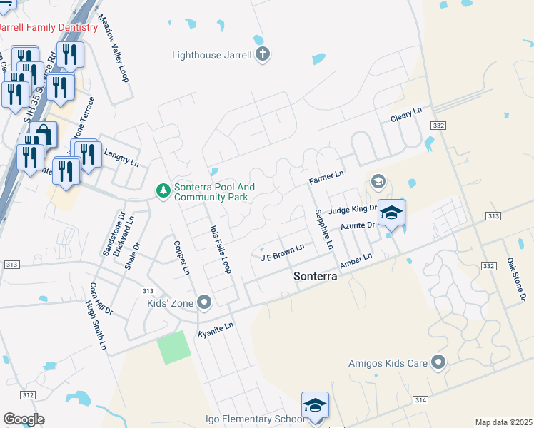 map of restaurants, bars, coffee shops, grocery stores, and more near 5005 Cressler Lane in Jarrell