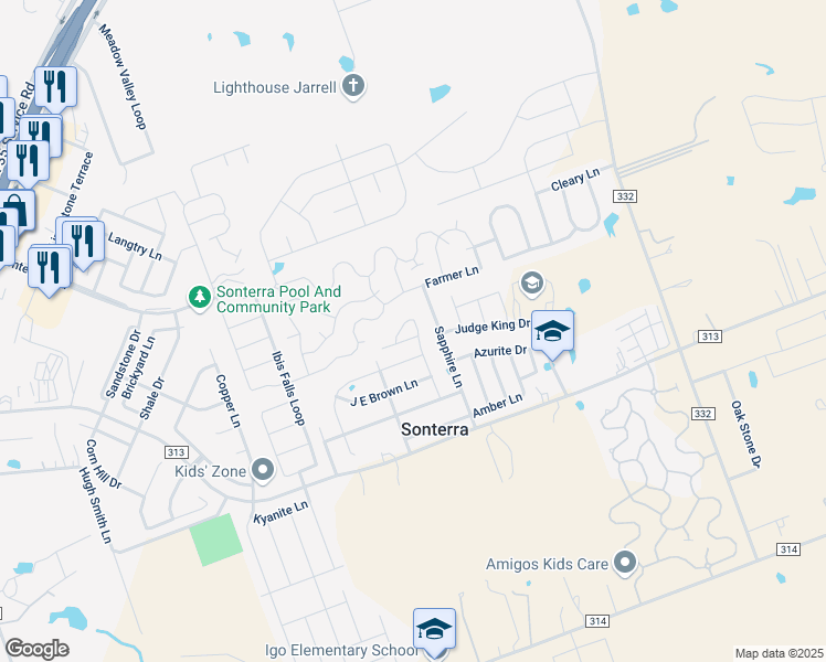 map of restaurants, bars, coffee shops, grocery stores, and more near 208 Sapphire Lane in Jarrell