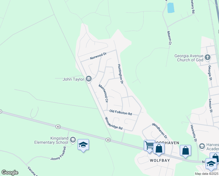 map of restaurants, bars, coffee shops, grocery stores, and more near 305 Foxwood Drive in Kingsland