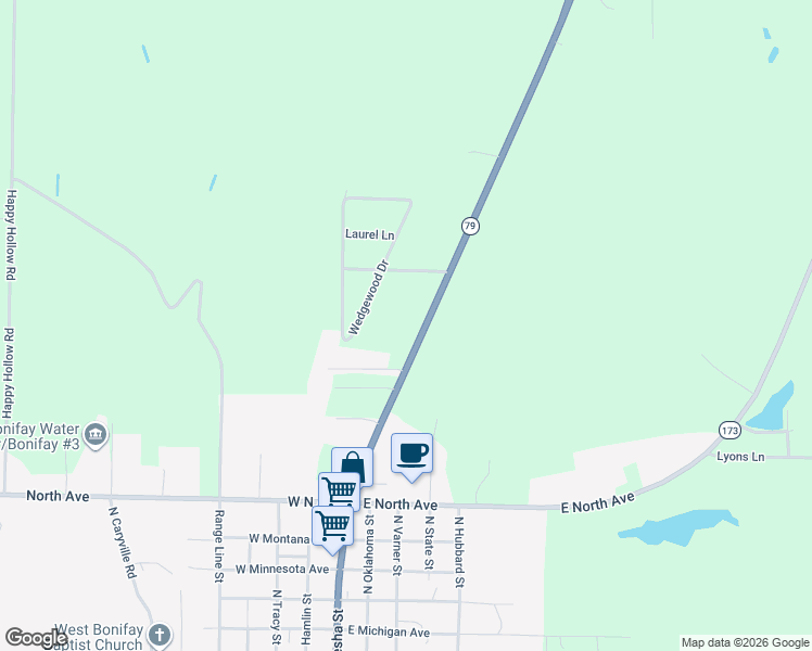 map of restaurants, bars, coffee shops, grocery stores, and more near 1235 North Waukesha Street in Bonifay