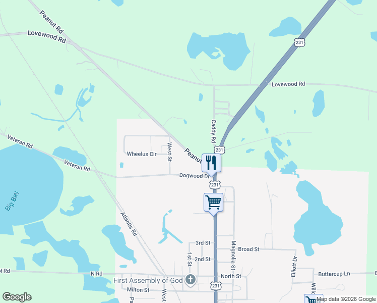 map of restaurants, bars, coffee shops, grocery stores, and more near 3327 Peanut Road in Cottondale