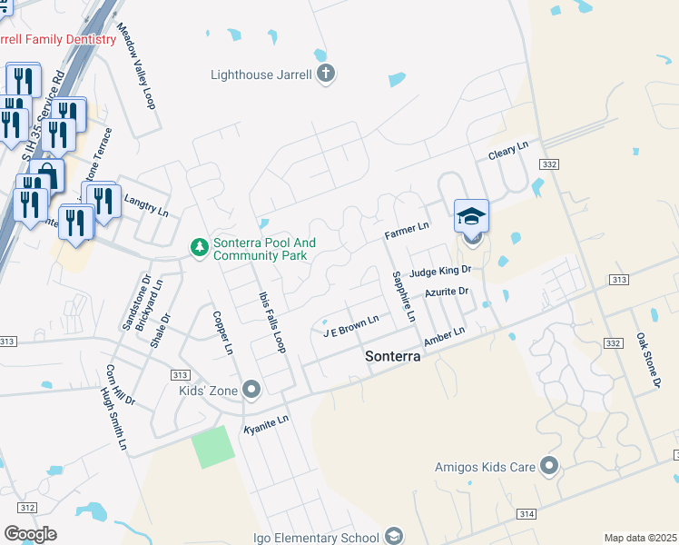 map of restaurants, bars, coffee shops, grocery stores, and more near 5005 Cressler Lane in Jarrell