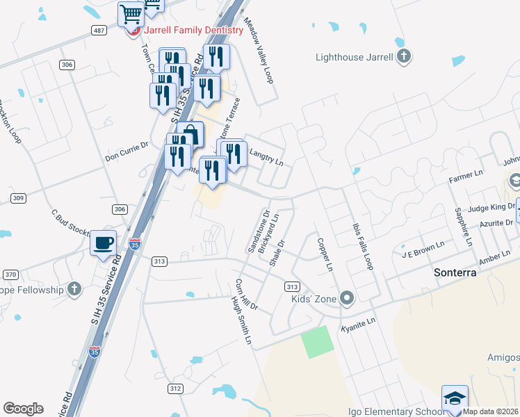 map of restaurants, bars, coffee shops, grocery stores, and more near 112 Sandstone Drive in Jarrell