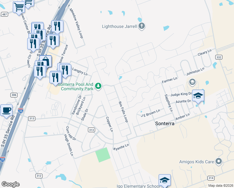 map of restaurants, bars, coffee shops, grocery stores, and more near 221 Ibis Falls Loop in Jarrell