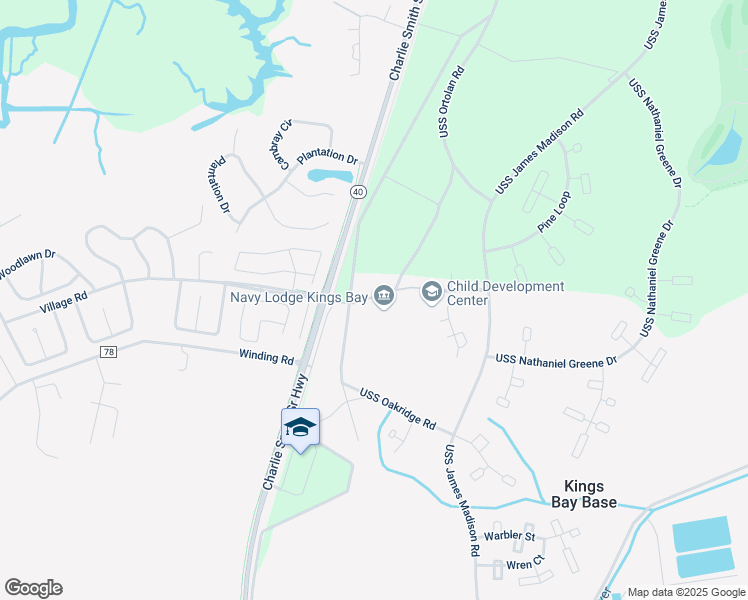 map of restaurants, bars, coffee shops, grocery stores, and more near 918 Uss James Madison Road in Kings Bay Base