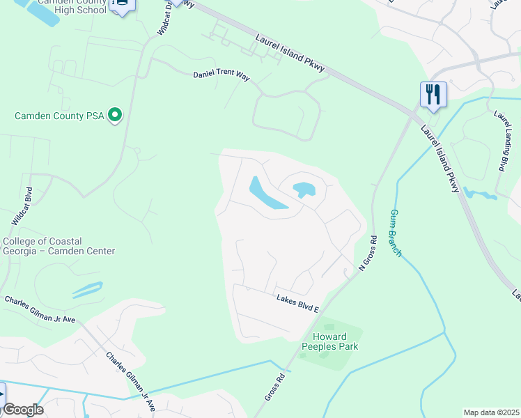 map of restaurants, bars, coffee shops, grocery stores, and more near 127 Walnut Way in Kingsland