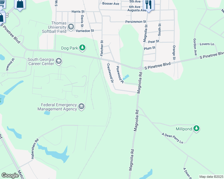 map of restaurants, bars, coffee shops, grocery stores, and more near 120 Crestwood Drive in Thomasville