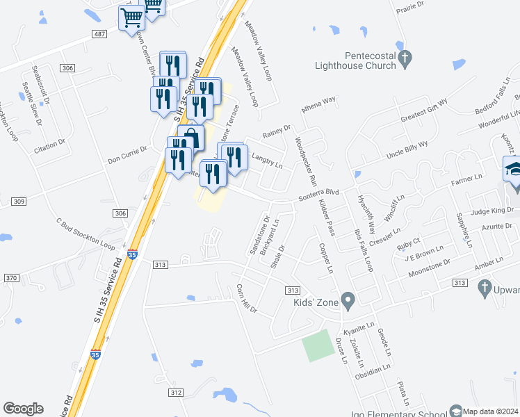 map of restaurants, bars, coffee shops, grocery stores, and more near 100 Sandstone Drive in Jarrell