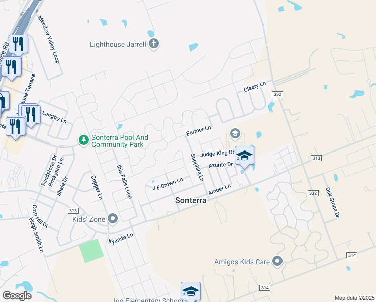 map of restaurants, bars, coffee shops, grocery stores, and more near 208 Sapphire Lane in Jarrell