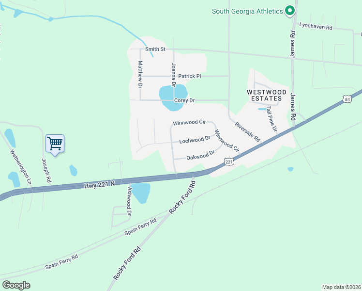 map of restaurants, bars, coffee shops, grocery stores, and more near 2431 Lochwood Drive in Valdosta