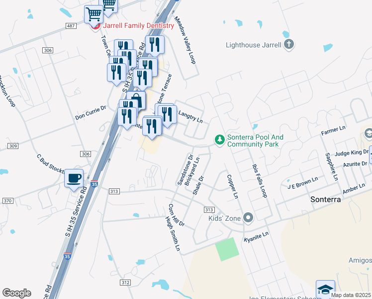map of restaurants, bars, coffee shops, grocery stores, and more near 124 Brickyard Lane in Jarrell