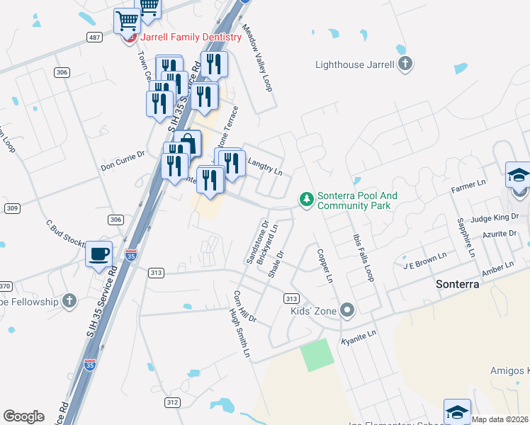 map of restaurants, bars, coffee shops, grocery stores, and more near 92 Sandstone Drive in Jarrell