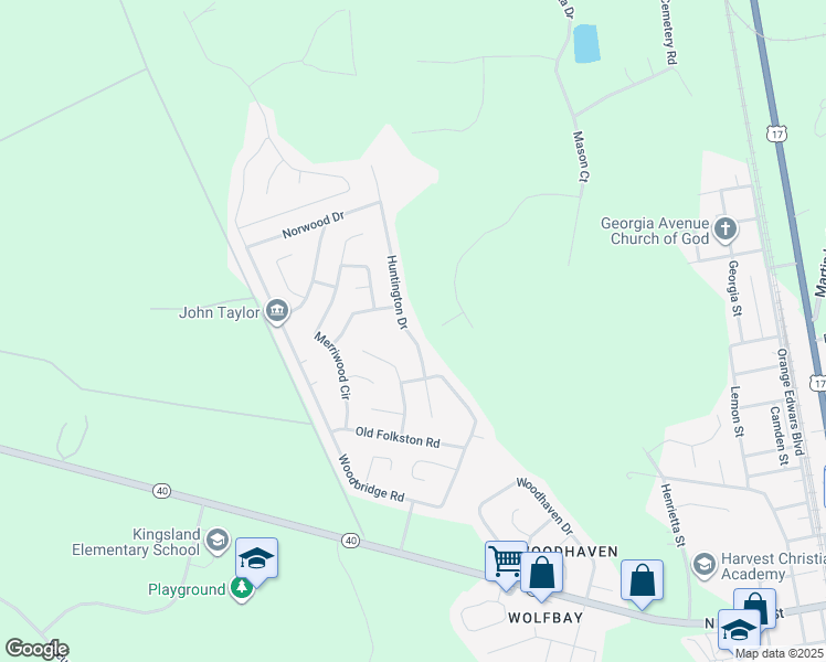 map of restaurants, bars, coffee shops, grocery stores, and more near 126 Huntington Drive in Kingsland