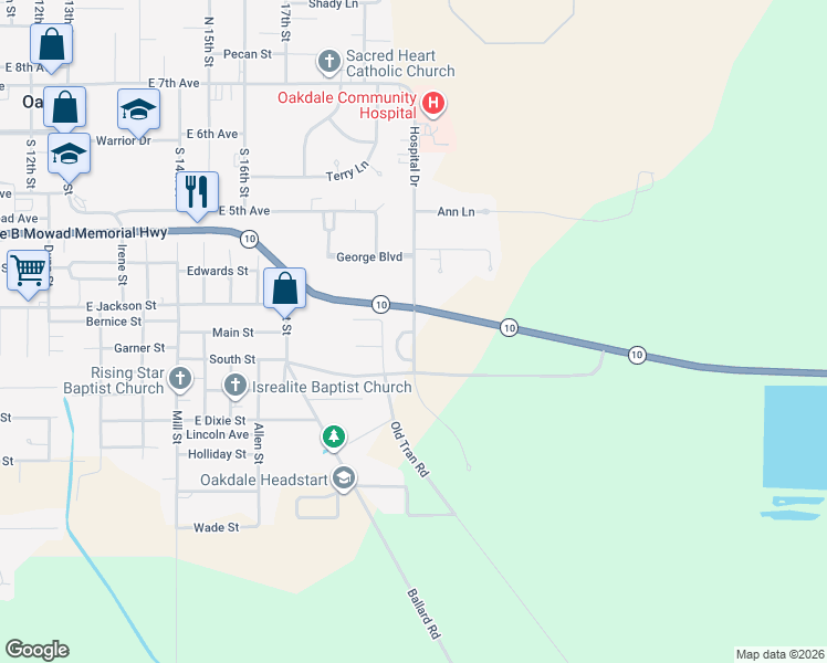 map of restaurants, bars, coffee shops, grocery stores, and more near 605 Hospital Drive in Oakdale
