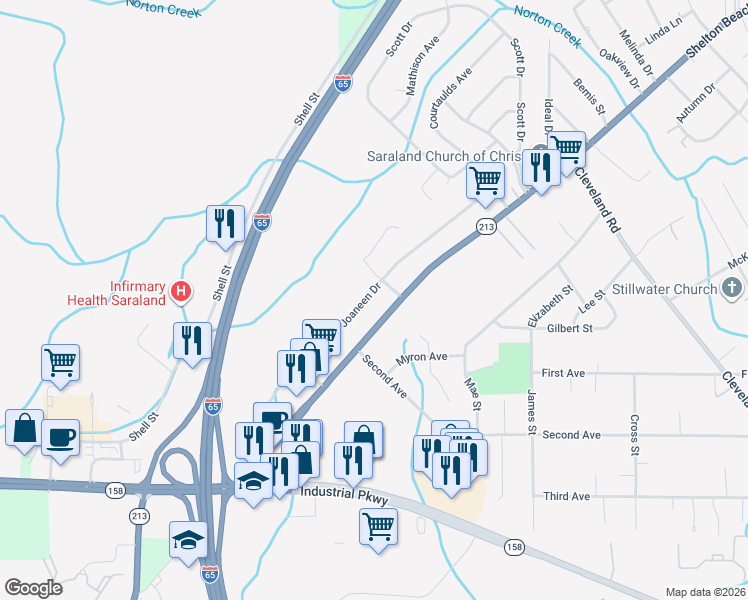 map of restaurants, bars, coffee shops, grocery stores, and more near 925-1001 Shelton Beach Rd in Saraland