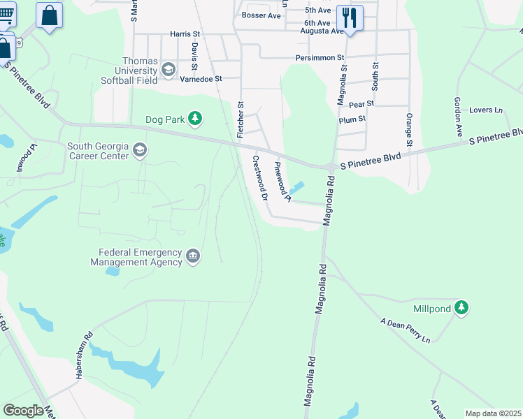map of restaurants, bars, coffee shops, grocery stores, and more near 120 Crestwood Drive in Thomasville