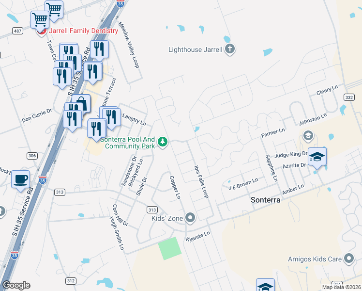 map of restaurants, bars, coffee shops, grocery stores, and more near 624 Sonterra Boulevard in Jarrell