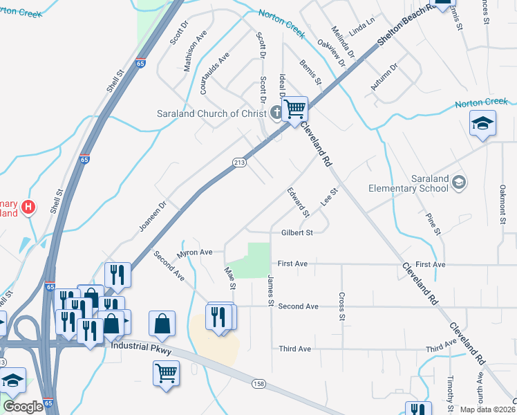 map of restaurants, bars, coffee shops, grocery stores, and more near 712 Ann Street in Saraland